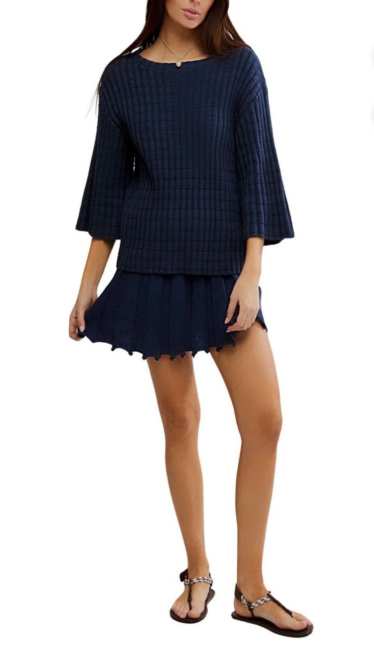 Free People Kenzie Blue Ribbed Sweater Skirt Set - L